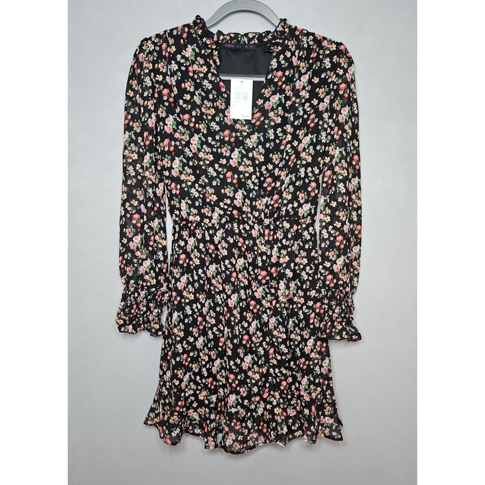 Fraiche By J Womens Black Floral Long Sleeve Mini Dress Size Medium NWT